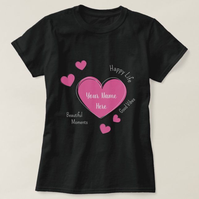 Camiseta Personalized Black Women’s T-Shirt with Pink Heart (Diseño del anverso)