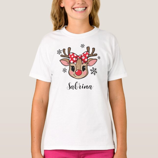 Camiseta Personalized Cute Girl Reindeer Red Bow Christmas (Anverso)