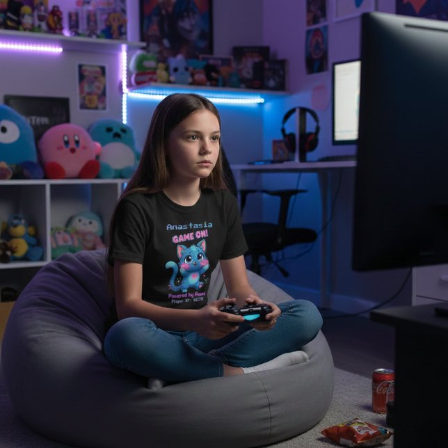 Camiseta Personalized Cute Pixel Art Blue Cat "Game On" (Subido por el creador)