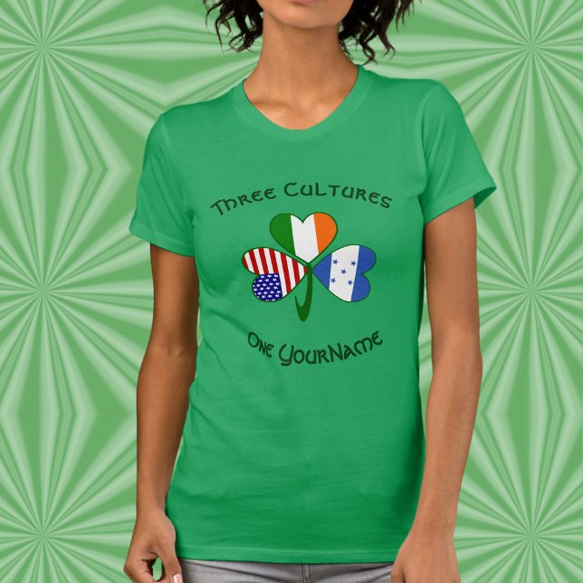 Camiseta Personalized Honduras Ireland USA Shamrock Women’s (Personalized women’s tee with shamrock featuring Honduras, Ireland, & USA flags for blended heritage)