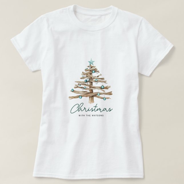 Camiseta Personalized Rustic Christmas Tree with Ornaments (Diseño del anverso)