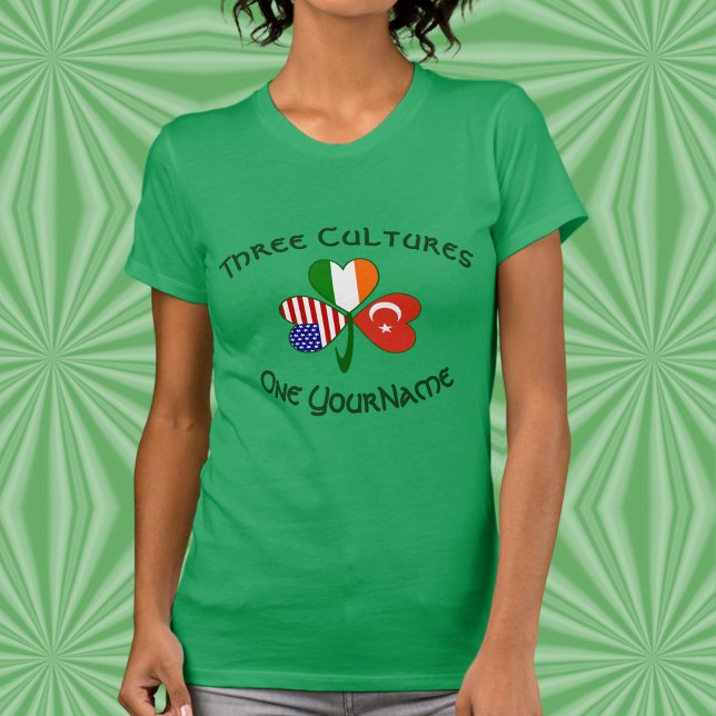 Camiseta Personalized Turkey Ireland USA Shamrock Women's (Women’s tee with Turkey‑Ireland‑USA shamrock and personalized Three Cultures design.)