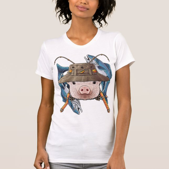 Camiseta Pesca Cerdo Pescador Pescador Granja Animal Cute F (Anverso)