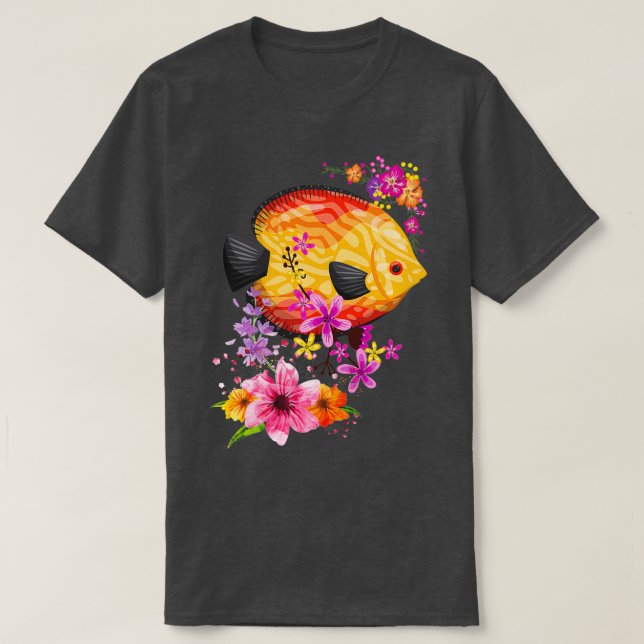 Camiseta Pescado Discográfico Tropical Con Diseño De Flores (Diseño del anverso)