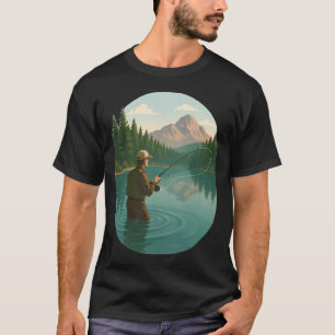 Camiseta Pescador con mosca lanzando en el lago teal con mo
