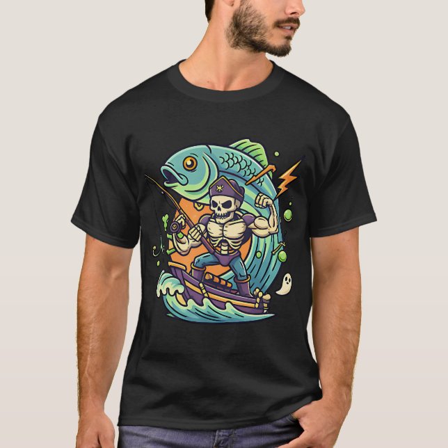 Camiseta Pescador Esqueleto Pose de Poder Divertido Hallowe (Anverso)