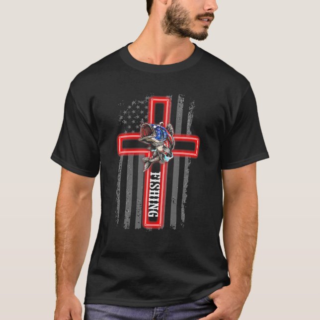 Camiseta Pescando Cristo Fe Bandera Estadounidense 4 De Jul (Anverso)