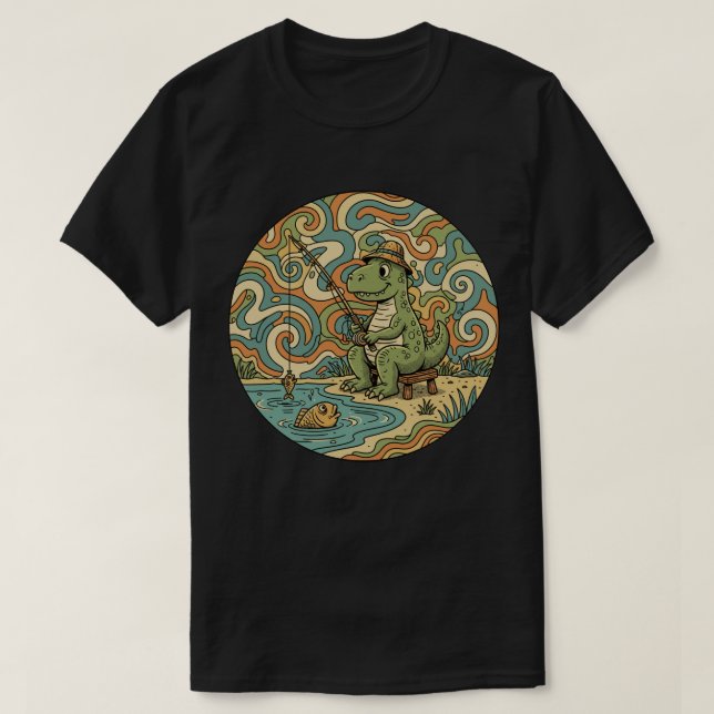 Camiseta Pescando T-Rex - Dinosaurioperador Groovy (Diseño del anverso)