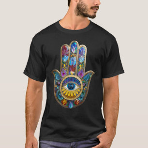 Camiseta Pétalos Coloridos Hojas Hamsa Zafiro Tercer Ojo