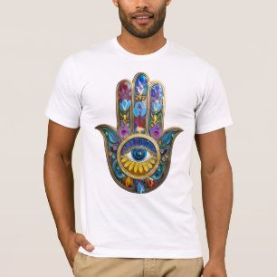 Camiseta Pétalos Coloridos Hojas Hamsa Zafiro Tercer Ojo
