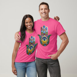 Camiseta Pétalos Coloridos Hojas Hamsa Zafiro Tercer Ojo