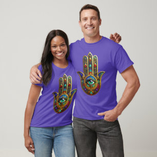 Camiseta Pétalos de Flor de Color de Pavo Real Hamsa Verde