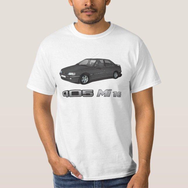 Camiseta Peugeot 405 con la insignia metálica del MI 16, (Anverso)