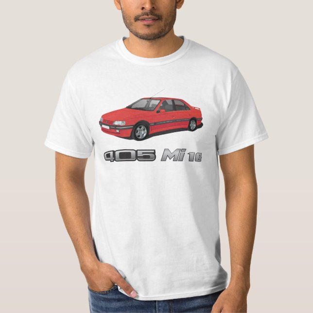 Camiseta Peugeot 405 con la insignia metálica del MI 16, (Anverso)