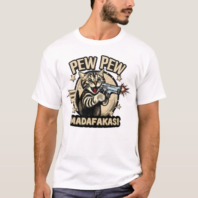 Camiseta Pew Pew Power - Quirky Cat Comic Tee para el miedo (Anverso)