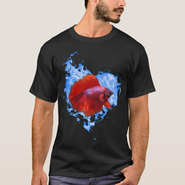 Camiseta Pez Betta Rojo En Corazón De Llama Azul (Anverso)