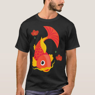 Camiseta Pez dorado con aletas fluidas y flores rojas