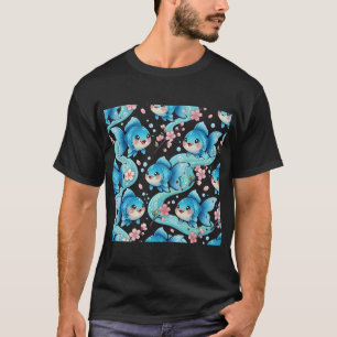 Camiseta Pez dorado Flor de cerezo Azul Kawaii