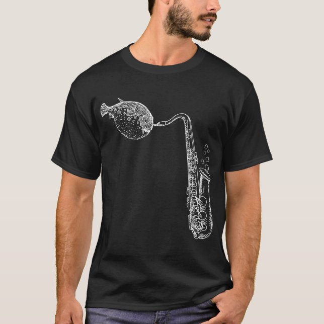 Camiseta Pez Globo Blanco Soplando Saxofón (Anverso)