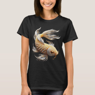 Camiseta Pez Koi de Diamante de Cristal Blanco y Dorado