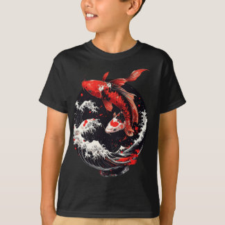 Camiseta Pez Koi Japonés – Olas Rojas y Negras
