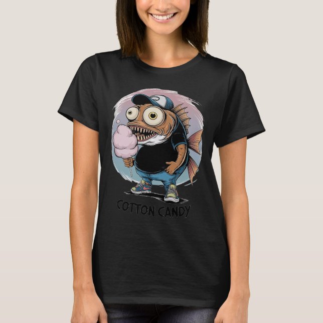 Camiseta Pez Monstruo Divertido Comiendo Algodón de Azúcar  (Anverso)