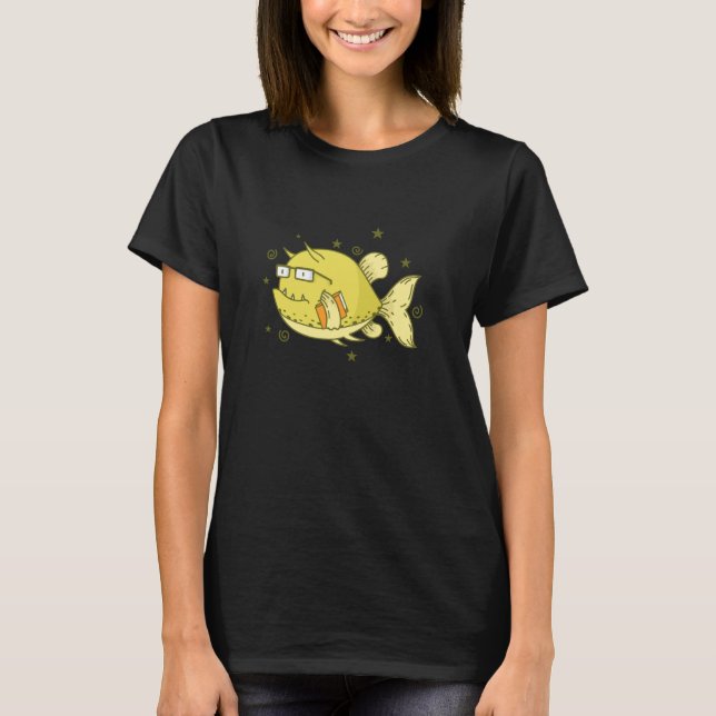 Camiseta Pez vaca como friki con acuario de libro (Anverso)