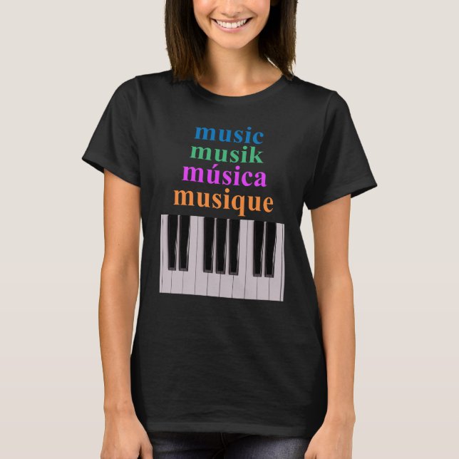 Camiseta Piano Keyboard Music Text en varios idiomas (Anverso)