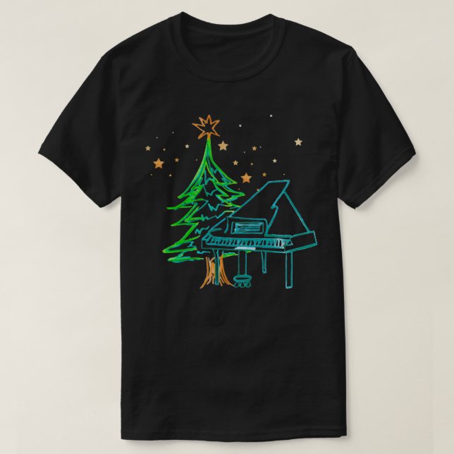 Camiseta Piano y árbol de Navidad con estrellas (Diseño del anverso)