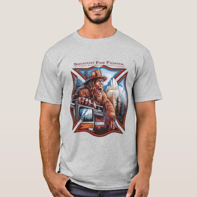 Camiseta Pie grande: Luchador de incendios en cuclillas (Anverso)