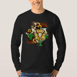 Camiseta Piel de vaca Bull Skull Sunflower Texas Map Wester