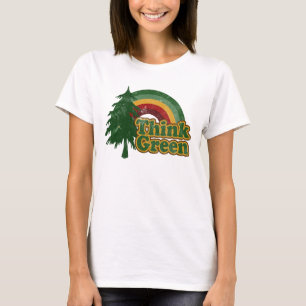 Camiseta Piense el arco iris y el árbol verdes, retros