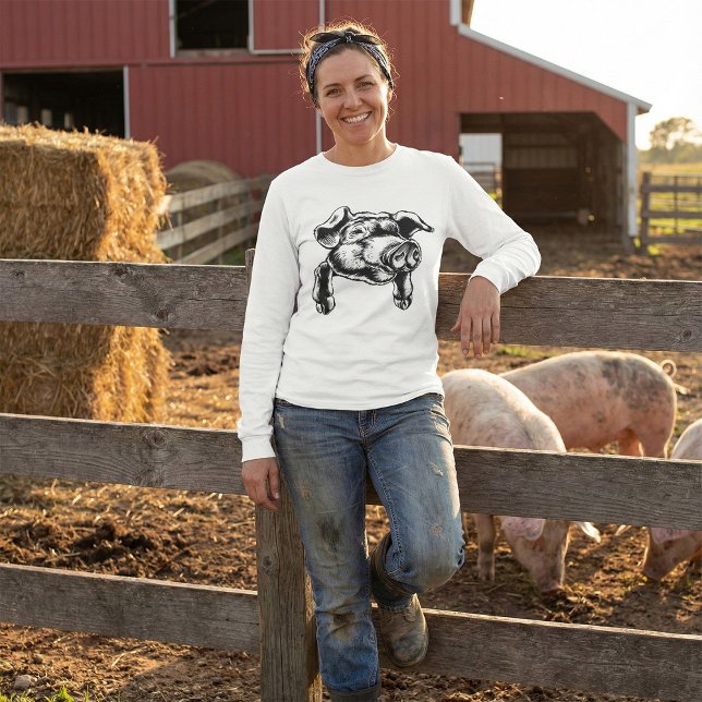 Camiseta Pig Head Farm Animal Drawing in Black White (Subido por el creador)