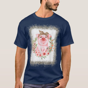 Camiseta Pig With Leopard Headband Flower Tshirt Cute Pig L