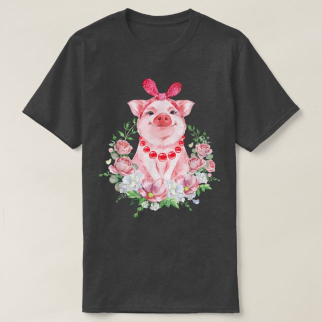 Camiseta Pig With Leopard Headband Flower Tshirt Cute Pig L (Diseño del anverso)