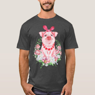 Camiseta Pig With Leopard Headband Flower Tshirt Cute Pig L
