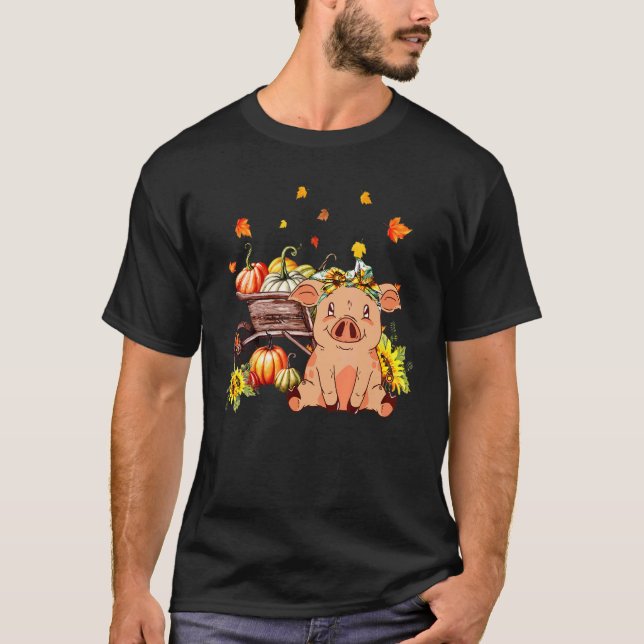 Camiseta Pig With Wooden Wheelbarrow Leopard Pumpkin Sunflo (Anverso)
