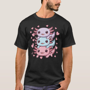 Camiseta Pila de Axolotl Kawaii Adorable con Corazones