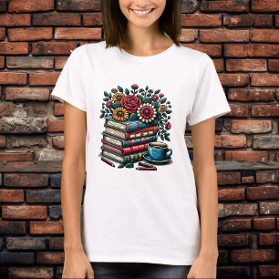 Camiseta Pila de Libros Antiguos, Café y Flores