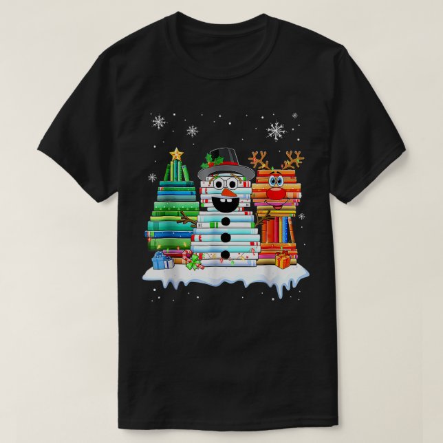 Camiseta Pila de Libros de Muñeco de Nieve de Árbol de Navi (Diseño del anverso)