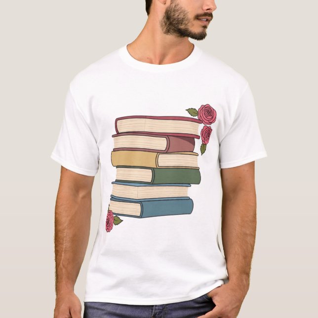 Camiseta Pila de libros lindos con rosas (Anverso)