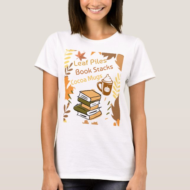 Camiseta Pilas de hojas-Cuadros de libros-tazas de cacao (Anverso)