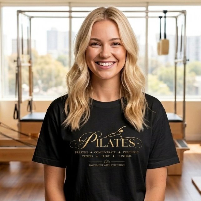 Camiseta Pilates de Lujo | Los Principios Básicos Oro (Luxury Pilates _ The Core Principles T-Shirt Gold)