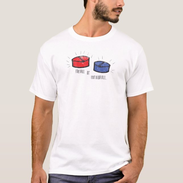 Camiseta píldora roja del azul de la píldora (Anverso)