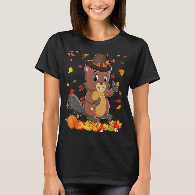 Camiseta Pilgrim Beaver Happy Thanksgiving Thankful Pumpkin (Anverso)
