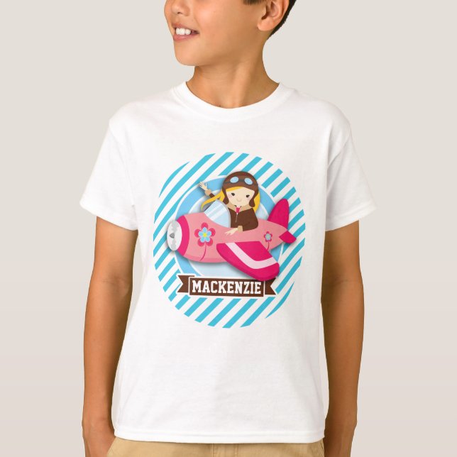 Camiseta Piloto de chicas en avión rosa; franjas azul y bla (Anverso)