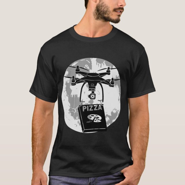 Camiseta Piloto de drones Pizza Entrega Quadcopter Luna com (Anverso)