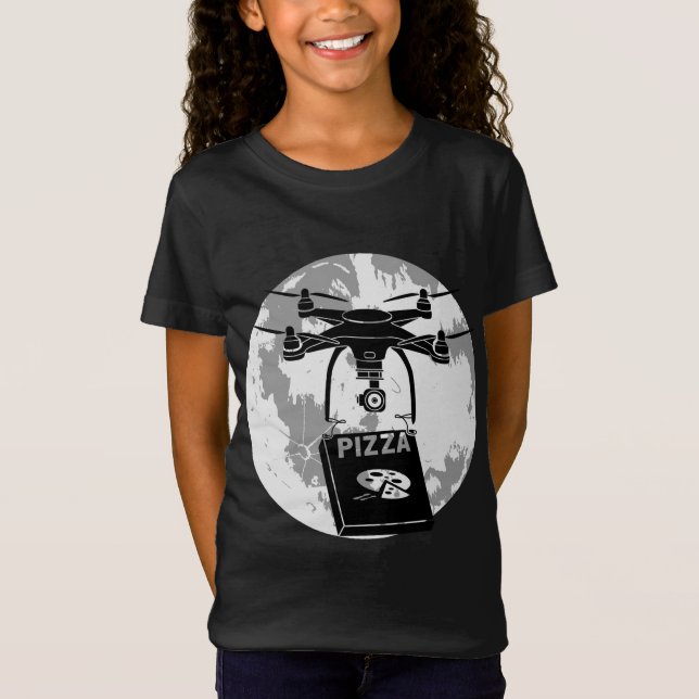 Camiseta Piloto de drones Pizza Entrega Quadcopter Luna com (Anverso)