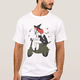 Camiseta Pin Up Witch Riding Scooter Halloween Black Cat Pi