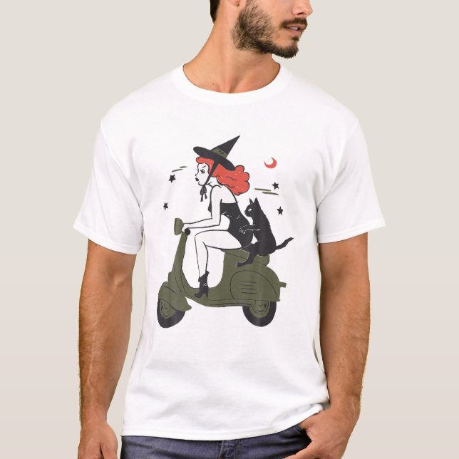 Camiseta Pin Up Witch Riding Scooter Halloween Black Cat Pi (Anverso)